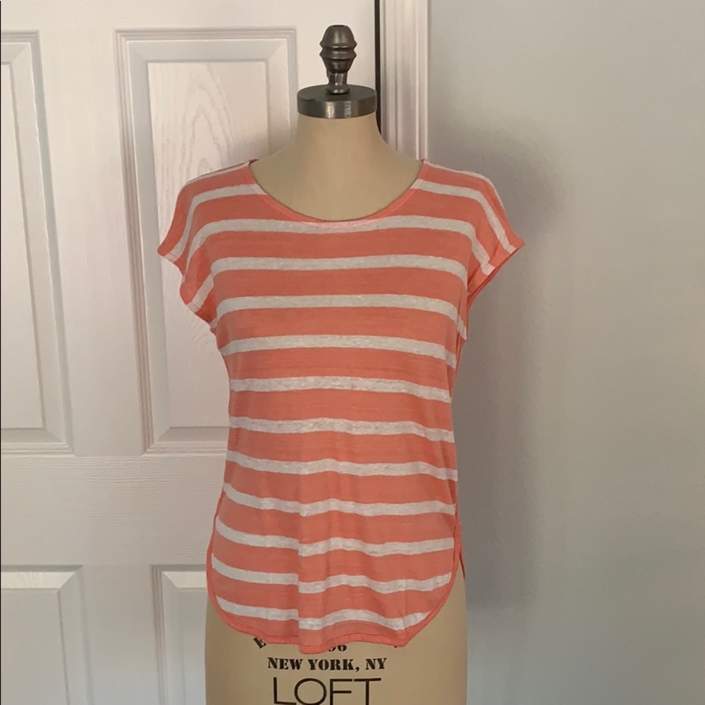 Athleta Women’s Linen Striped Top T-Shirt XS Coral White Cap Sleeve Round Hem